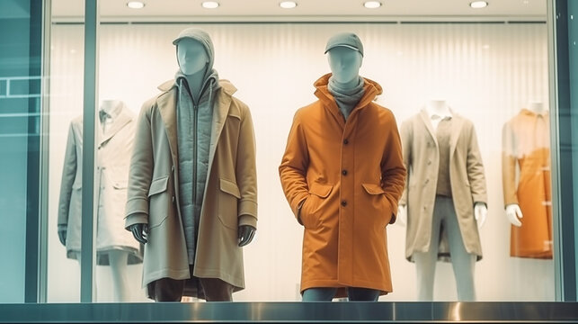 Male mannequins showing outerwear in a shop window. Generative Ai