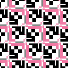 Pink rectangles and black geometric elements. Composition of squares, lines and rectangles. Abstract seamless pattern. Avant-Garde graphic style design. Vector illustration on white background.