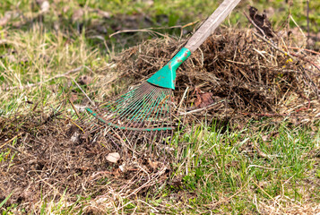 Rake for dry grass on the ground in the garden