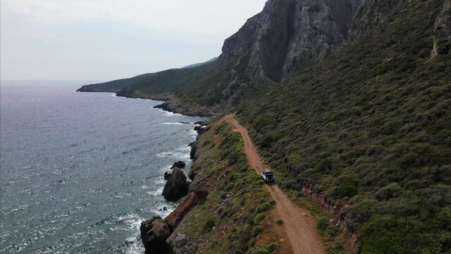 Off-Road Adventure Along the Coast of Kythira, Greece &ndash; 4x4 Driving on a Remote Seaside Dirt Road