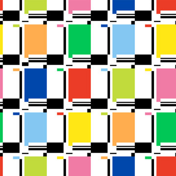 Colored rectangles and black geometric elements. Composition of squares, lines and rectangles. Abstract seamless pattern. Avant-Garde graphic style design. Vector illustration on white background.