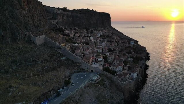 Aerial view of the old town of Monemvasia, Greece at sunrise