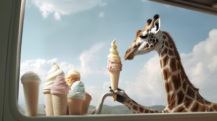 Naklejki  A curious giraffe bending its long neck to reach an ice cream truck window, eagerly licking the ice cream cone handed to it - Generative ai