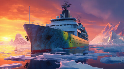icebreaker ship sails among icebergs. Generative AI - obrazy, fototapety, plakaty