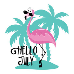 Hello July - Happy Summer greeting with flamingo in island. Good for greeting card, calendar, travel set, poster, and other gifts design.