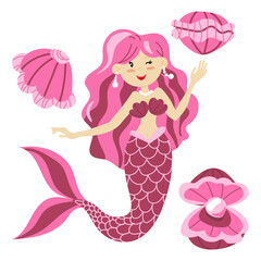 Vector illustration of a cute pink mermaid princess with colorful hair and other underwater elements. Seashells, seashell with pearls, all in her color. Children's illustration in the marine theme