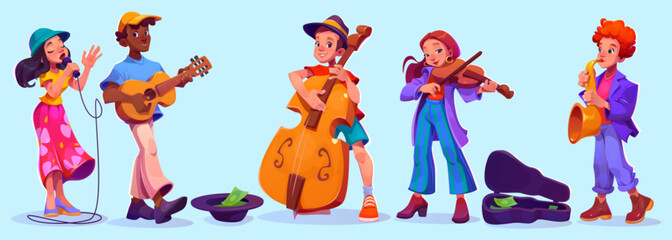 Street musician band with singer vector illustration. Music player people character with guitar, saxophone, violin and microphone cartoon isolated set. Guitarist artist play for party and hobby