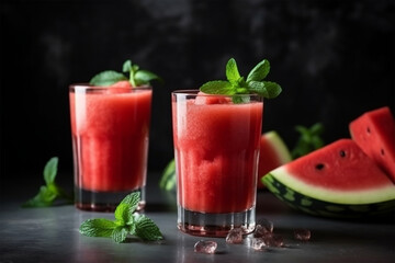 Fototapeta na wymiar watermelon juice and fruit chunks and fresh mint leaves