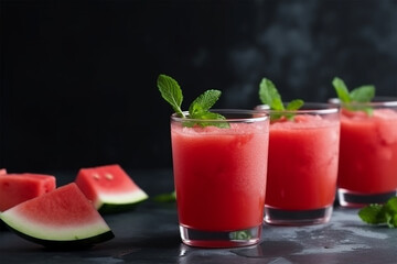 watermelon juice and fruit chunks and fresh mint leaves