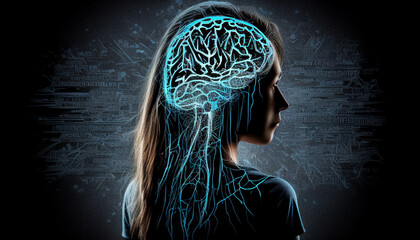 Konzentration Kopf Gehirn leuchtend digital über Kopf transparent 3d Gedächtnis Synapsen, Generative AI  - obrazy, fototapety, plakaty