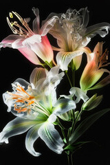 Transparent material x ray lily, concept plant design, surreal plant, flower, black background