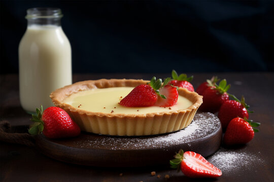 a strawberry tart with a glass of milk