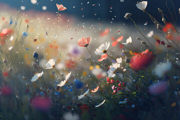 spring field of flowers with flying petals