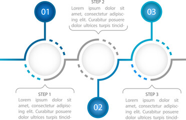 Blue educational round infographic chart design template. Promo info. Abstract vector infochart with blank copy spaces. Instructional graphics with 3 step sequence. Visual data presentation