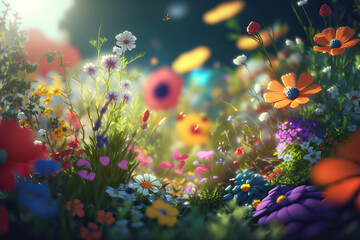 Obraz na płótnie Canvas spring field of flowers with flying petals