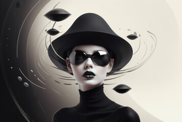 A woman in a black hat and sunglasses. Generative AI.