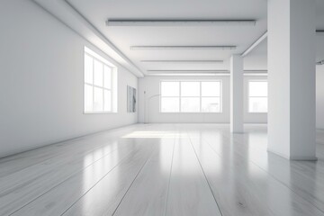 Obraz na płótnie Canvas Contemporary white room with empty walls and white wooden floor. 3D rendering. Generative AI