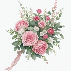 Beautiful watercolor wedding bouquet of pink rose on a white background. hand-drawn illustration AI Generative