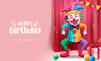 Obraz na płótnie Canvas Happy birthday text vector design. Birthday clown character in standing pose for party event celebration with happy facial expression. Vector illustration greeting card bakground.