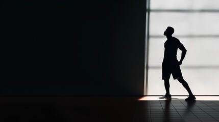 Minimalistic scene with the silhouette of an athlete and dramatic hard shadows. This composition symbolizes determination, strength, and the disciplined pursuit of physical excellence. Generative AI
