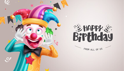 Happy birthday text vector template. Birthday clown, comedian and entertainer character  in happy facial expression. Vector illustration party invitation card design.