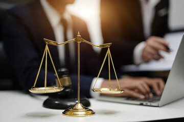 Judge gavel with Justice lawyers having team Concepts of Law and Legal services