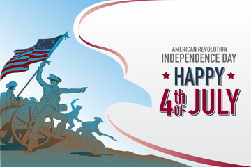American Revolution illustration copy space template. the soldiers storming the enemies and one of them holding the american flag.