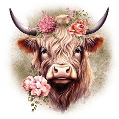 Highland cow with pink flowers