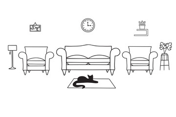 Drawing of the living room. Home-made modern furniture from a cozy sofa with two armchairs in a simple linear style. Vector illustration