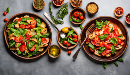 Tuscan Panzanella, traditional Italian salad with tomatoes and bread. Vegan food. Generative AI