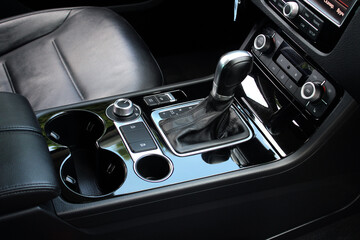 Lux SUV Automatic transmission gearshift stick, Closeup a manual shift of modern car gear shifter....