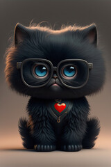 Fluffy black cat, wearing black frame glasses, anthropomorphic, sitting, cute black cat, love collar