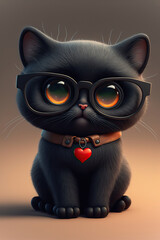 Fluffy black cat, wearing black frame glasses, anthropomorphic, sitting, cute black cat, love collar