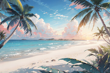 Obraz na płótnie Canvas ヤシの木がある夕暮れのビーチ　夏の海　バカンス　イラスト