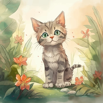 Cute little cat cartoon in watercolor style