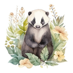 Cute badger cartoon in watercolor style