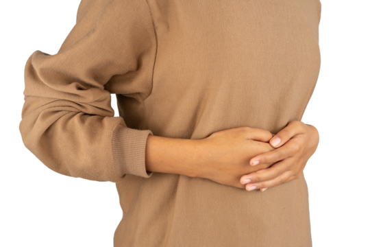 Woman hands holding stomach isolated