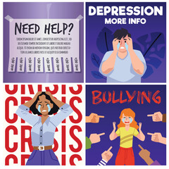 Depression and psychological crisis banners or cards set, flat vector.