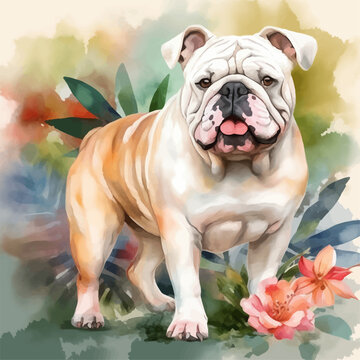 Cute bulldog cartoon in watercolor style