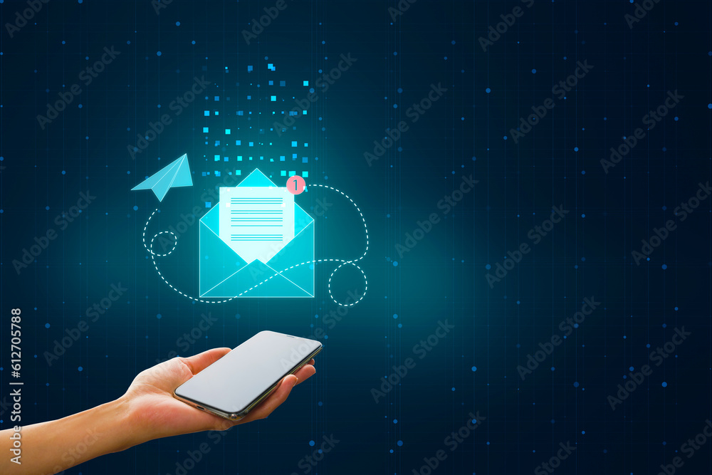 Poster mobile mailbox, email and mail application concept with paper list in blue envelope with notificatio