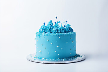 blue birthday cake on white background - obrazy, fototapety, plakaty