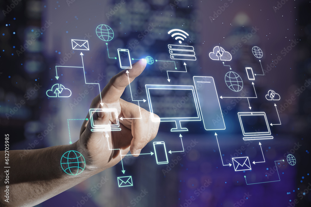 Poster Cloud service technology concept with man finger on virtual touch screen with digital computer and electronic devices connected between each other on blurred night city background