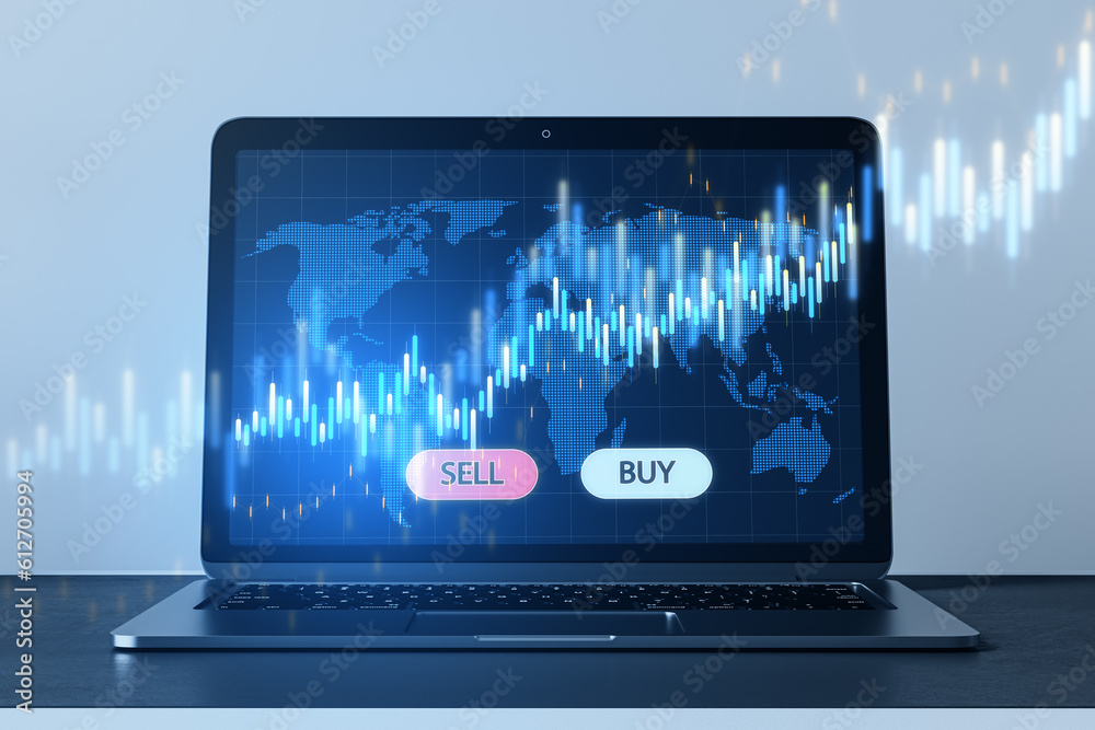 Poster close up of laptop at table with glowing blue sell and buy buttons, map and candlestick forex chart 
