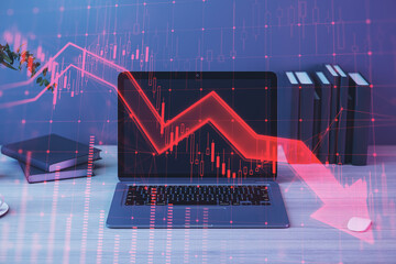 Global financial market crisis concept with falling down red arrow, double exposure