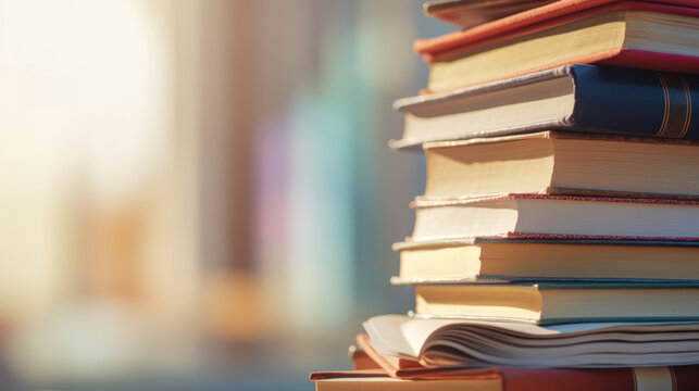 Close up Of Books Stacked, blur background. AI generation