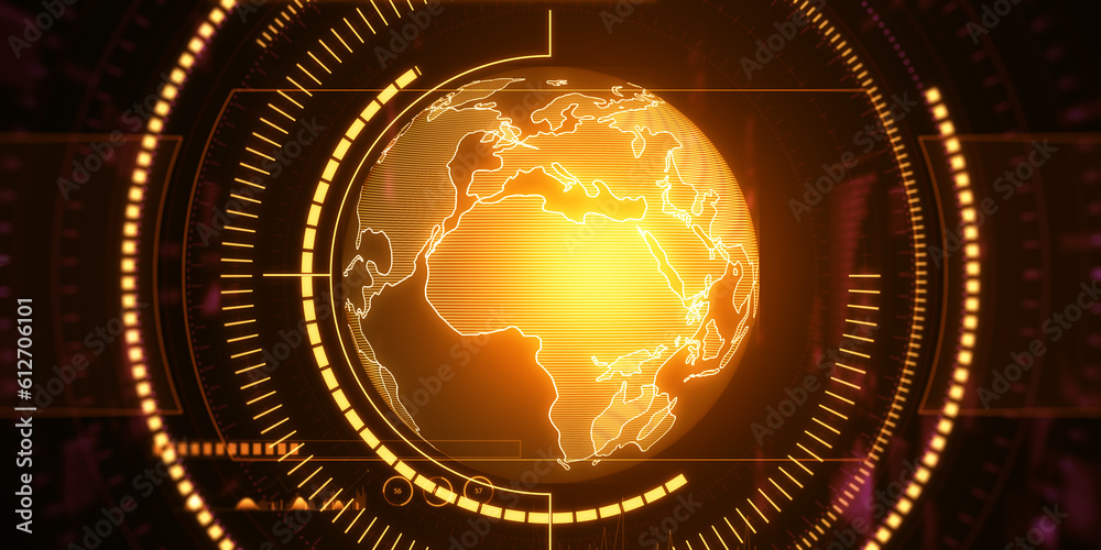 Poster creative glowing map or globe hologram on dark background. earth, metaverse and technology concept. 