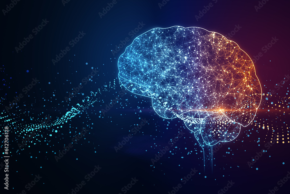 Poster digital human brain illustration on dark blue background, artificial intelligence and futuristic tec