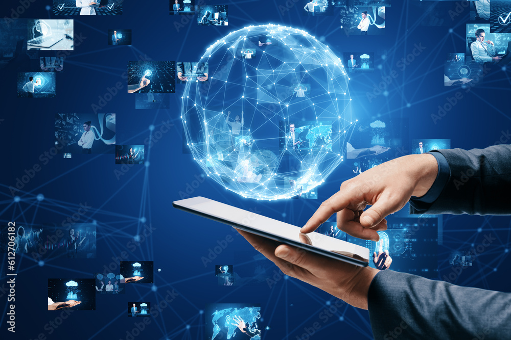 Aufkleber connecting businesspeople, video conference concept. close up of businessman hand using mobile phone