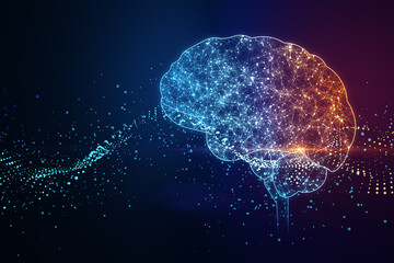 Digital human brain illustration on dark blue background, artificial intelligence and futuristic technology concept. 3D Rendering