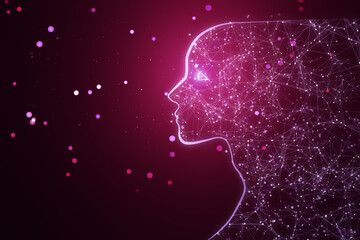 Creative pink hologram of polygonal female head outline. Artificial intelligence and robotics concept. 3D Rendering.